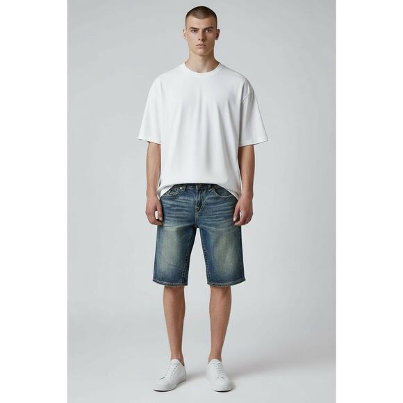 True Religion Brand Rocco Big T Flap Relaxed Skinny Denim Shorts Men's 30 NWT - Picture 1 of 9